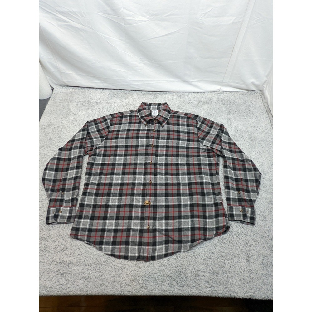 Brooks Brothers 1818‎ Regent Fit Flannel Shirt Gray Red & Black XL All Cotton